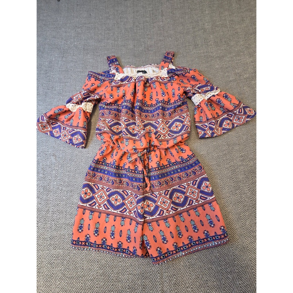 My Michelle Romper Girl M Coral Orange Blue Geometric Print Cold Shoulder Sleeve